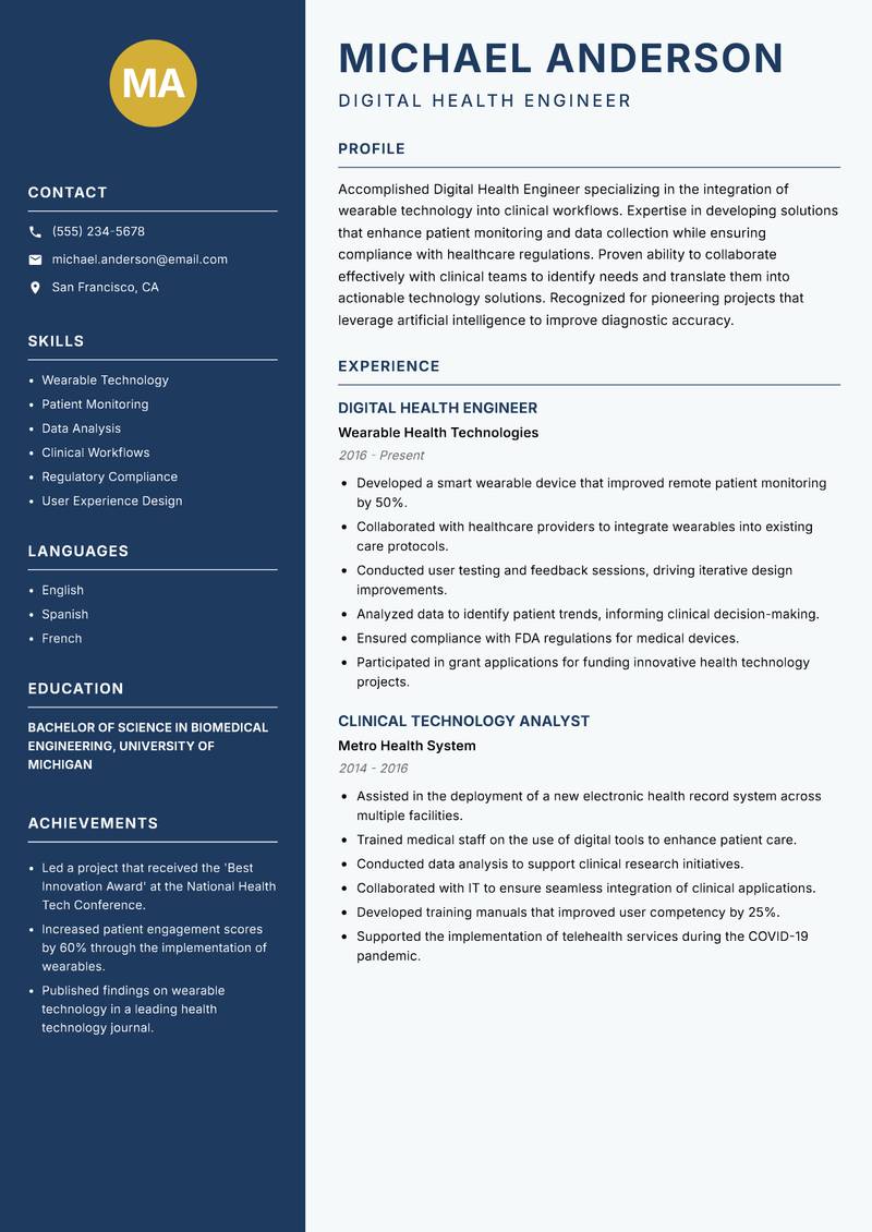 Digital Health Engineer Resume Preview Example