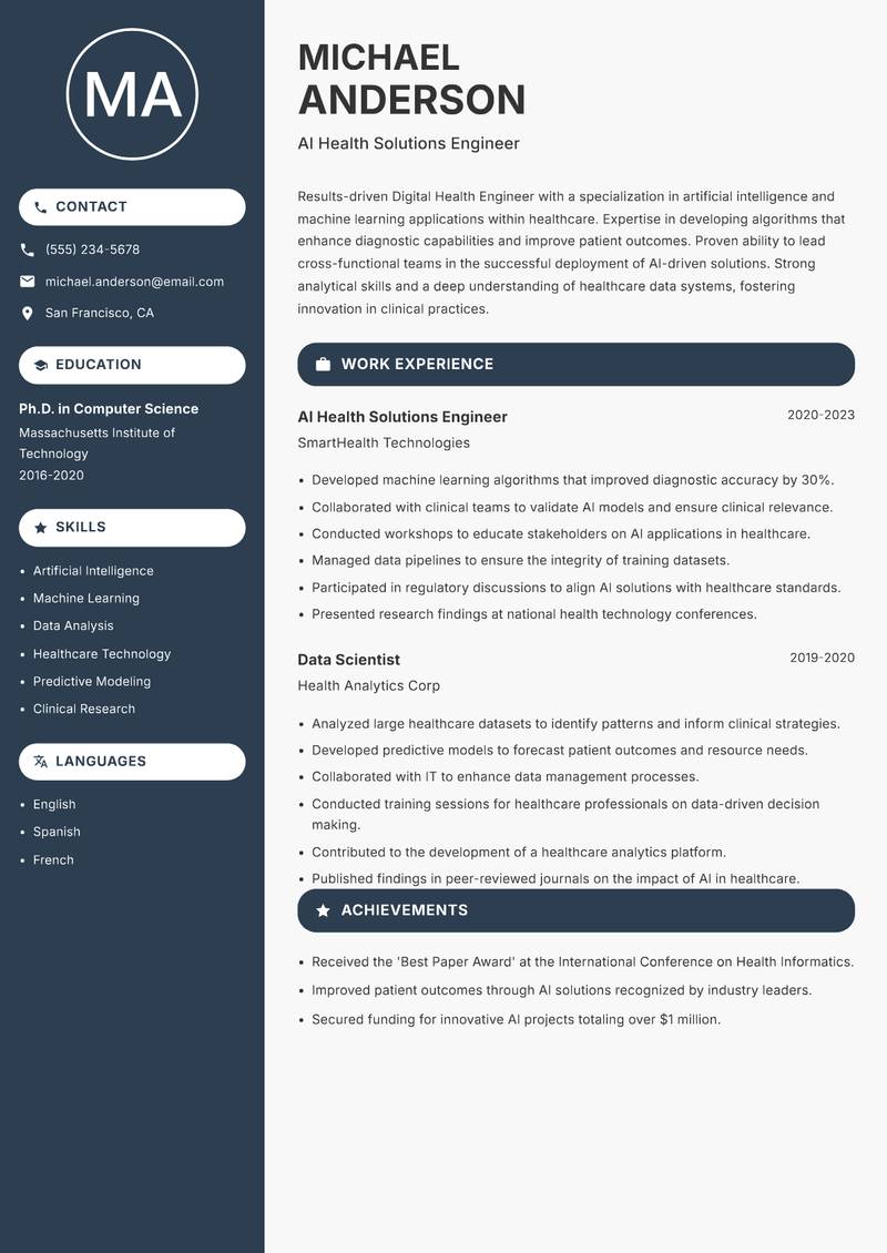 Digital Health Engineer Resume Preview Example