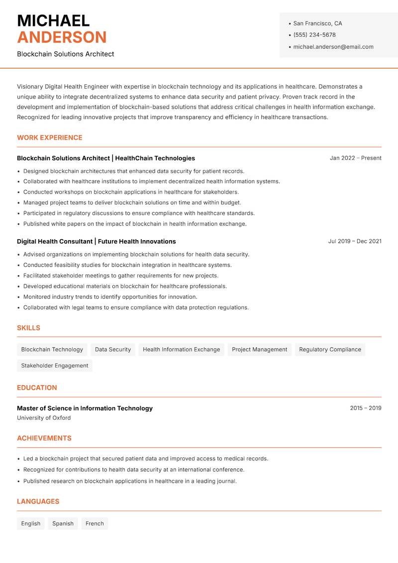Digital Health Engineer Resume Template