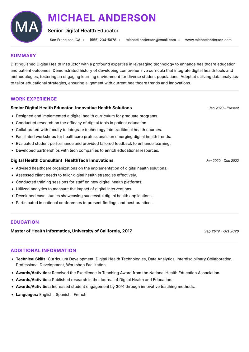 Digital Health Instructor Resume Preview Example