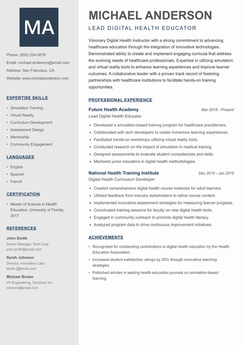 Digital Health Instructor Resume Preview Example