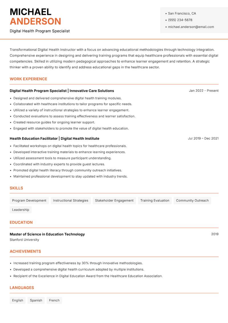 Digital Health Instructor Resume Template
