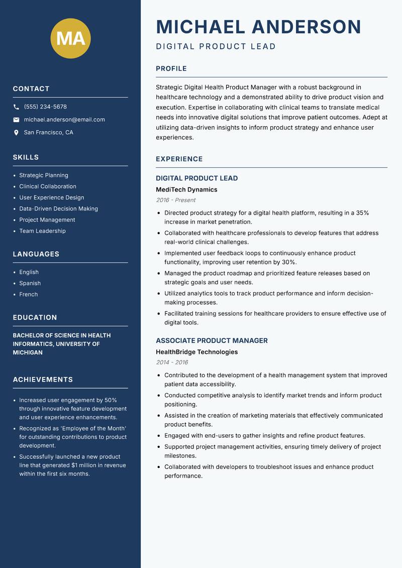 Digital Health Product Manager Resume Preview Example