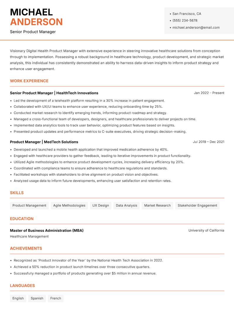 Digital Health Product Manager Resume Template