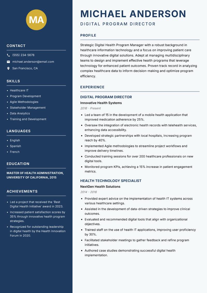 Digital Health Program Manager Resume Preview Example