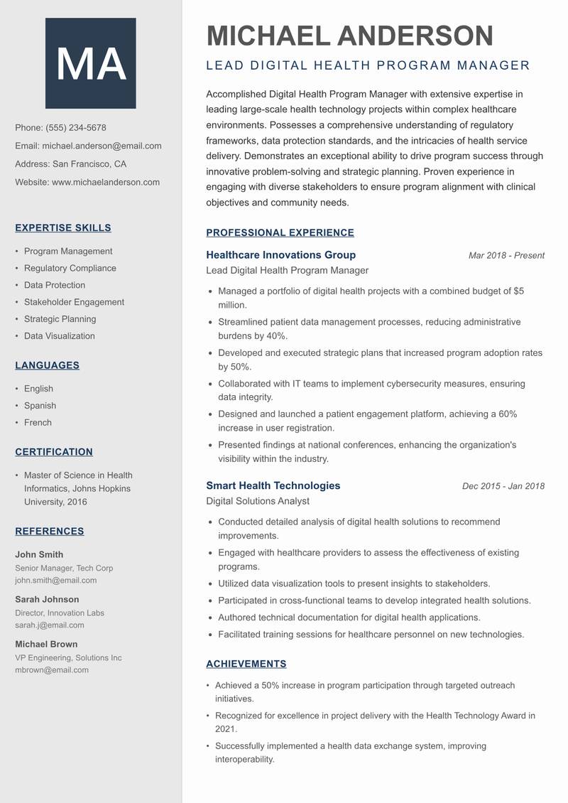 Digital Health Program Manager Resume Preview Example