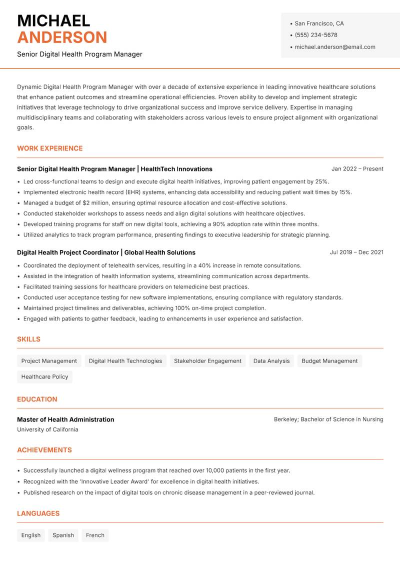 Digital Health Program Manager Resume Template