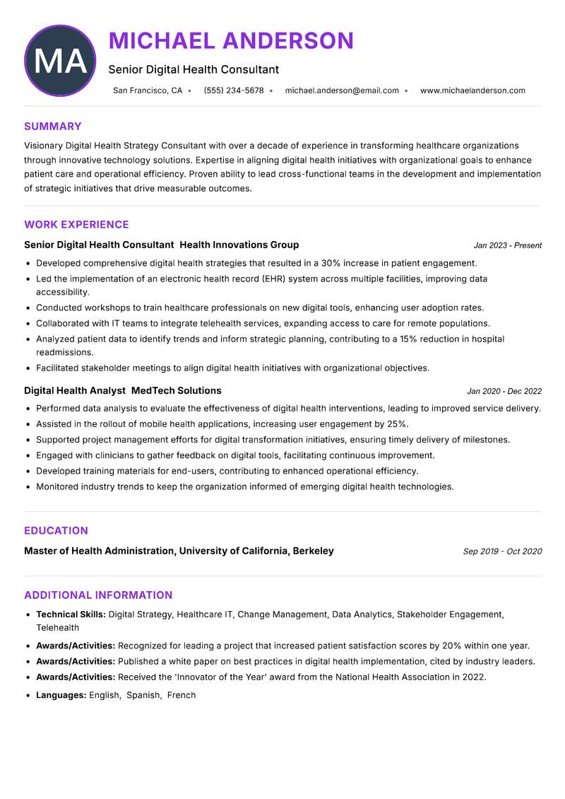 Digital Health Strategy Consultant Resume Preview Example