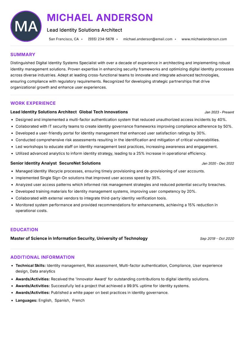 Digital Identity Systems Specialist Resume Preview Example