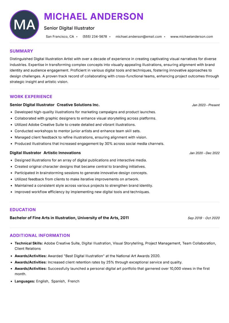 Digital Illustration Artist Resume Preview Example