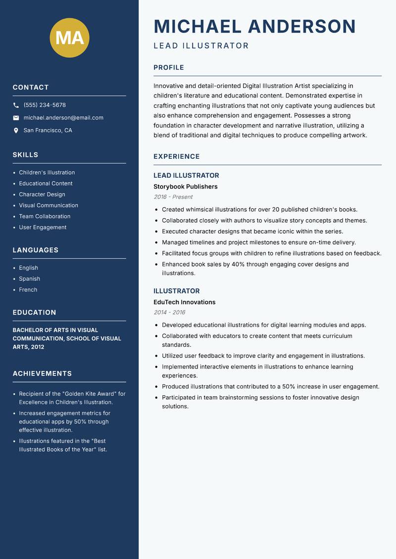 Digital Illustration Artist Resume Preview Example