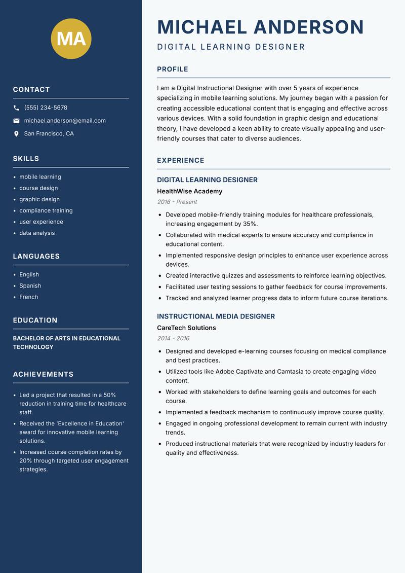 Digital Instructional Designer Resume Preview Example