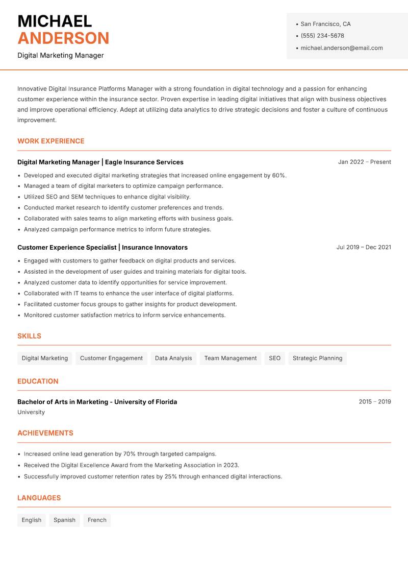Digital Insurance Platforms Manager Resume Template