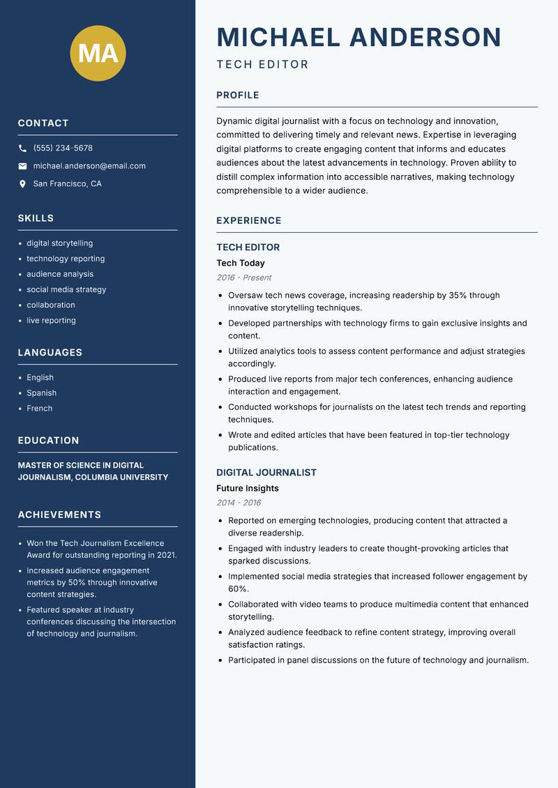 Digital Journalist Resume Preview Example