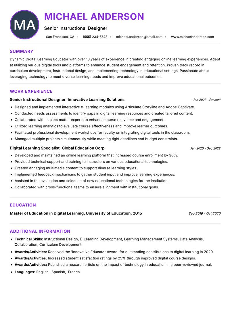 Digital Learning Educator Resume Preview Example