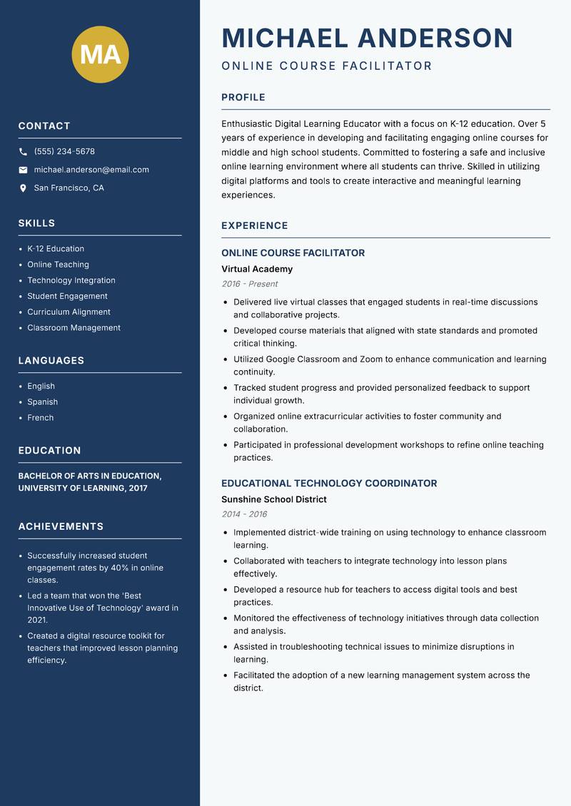 Digital Learning Educator Resume Preview Example