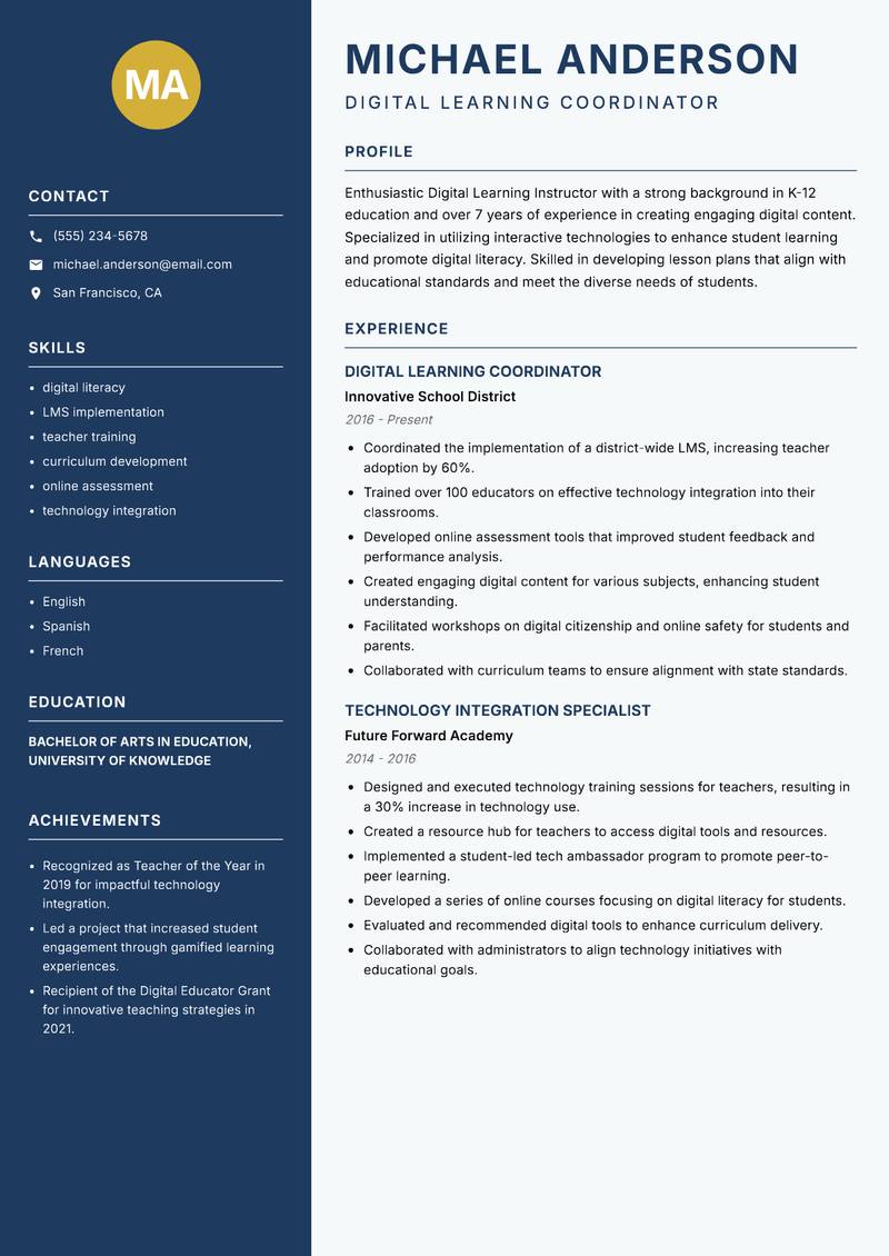 Digital Learning Instructor Resume Preview Example