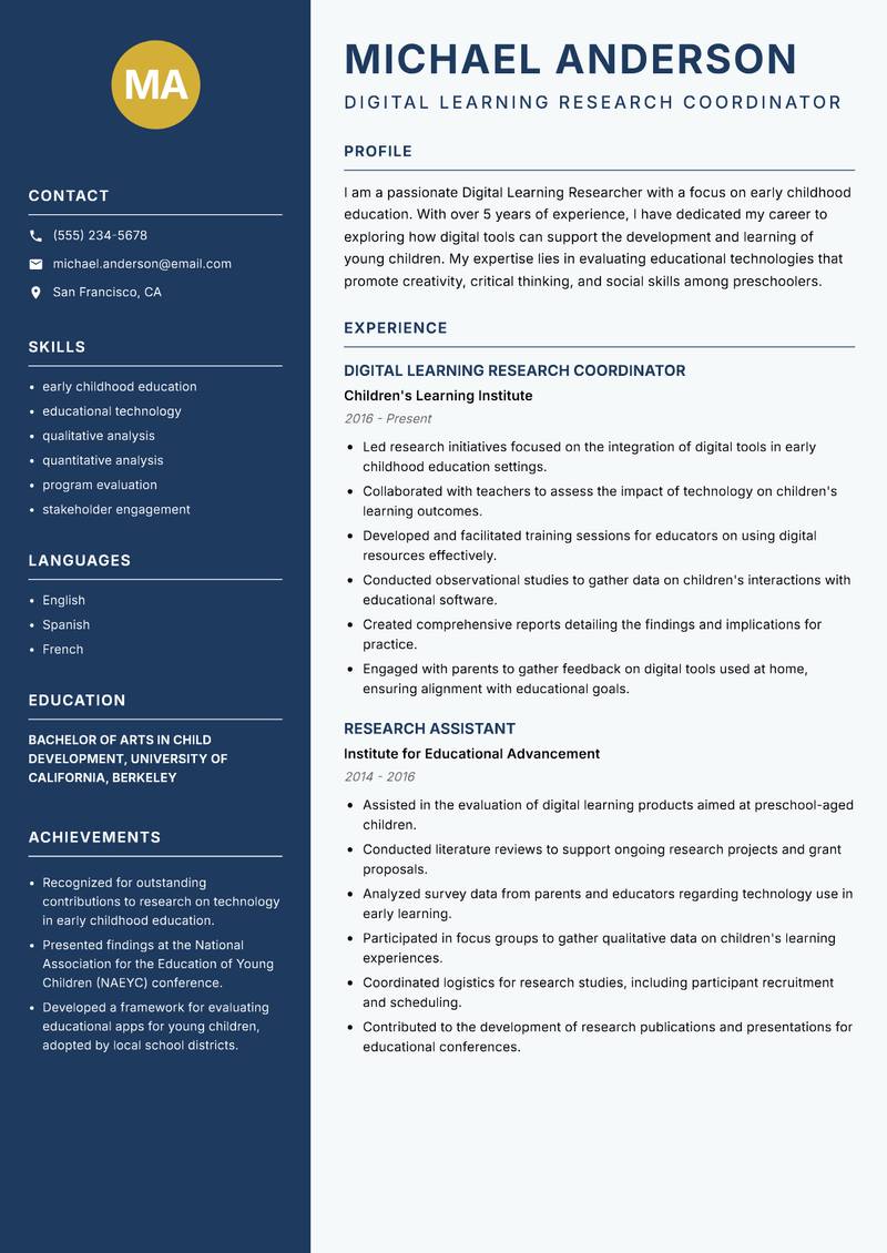 Digital Learning Researcher Resume Preview Example
