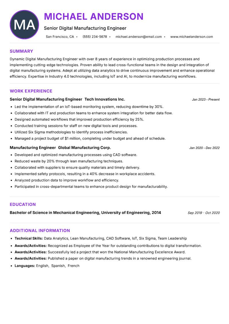 Digital Manufacturing Engineer Resume Preview Example