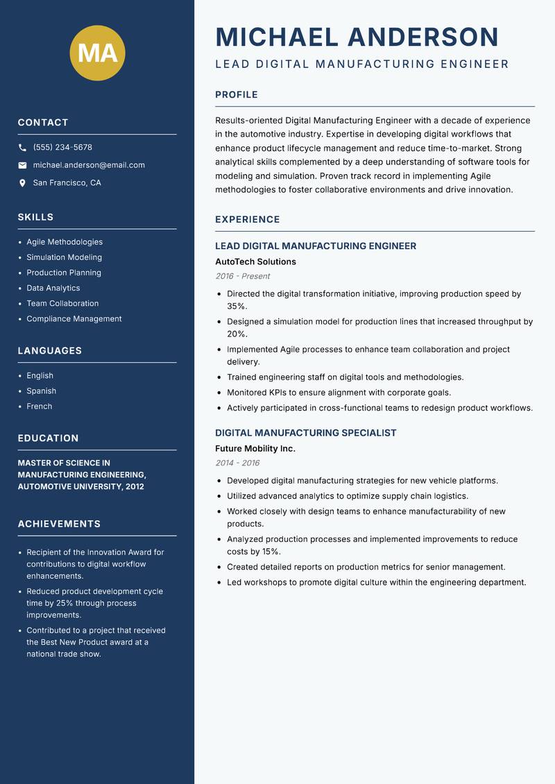 Digital Manufacturing Engineer Resume Preview Example