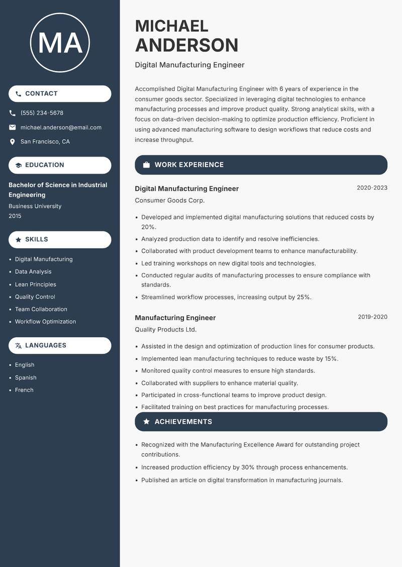 Digital Manufacturing Engineer Resume Preview Example
