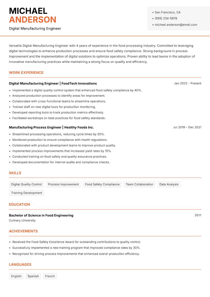 Digital Manufacturing Engineer Resume Template