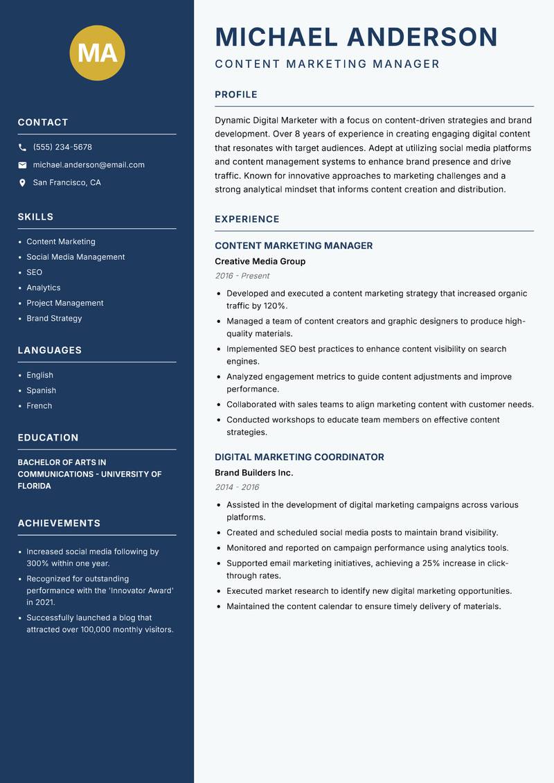 Digital Marketer Resume Preview Example