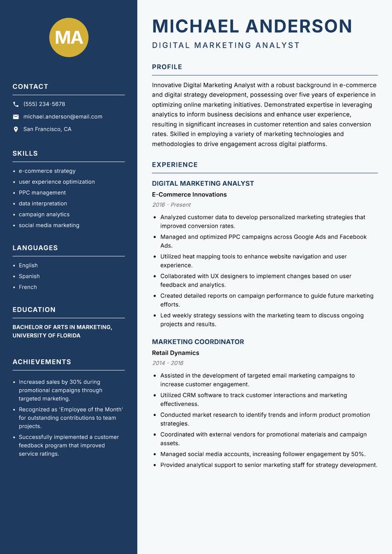 Digital Marketing Analyst Resume Preview Example
