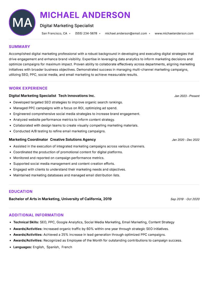 Digital Marketing Associate Resume Preview Example