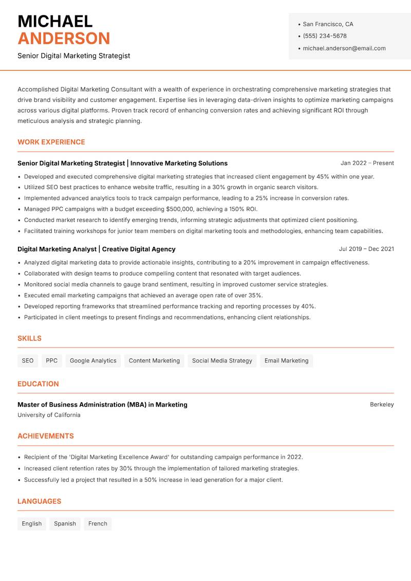 Digital Marketing Consultant Resume Template