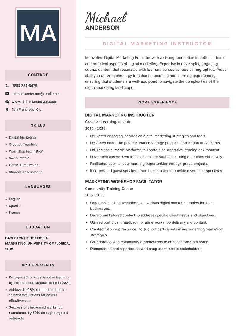 Digital Marketing Educator Resume Preview Example