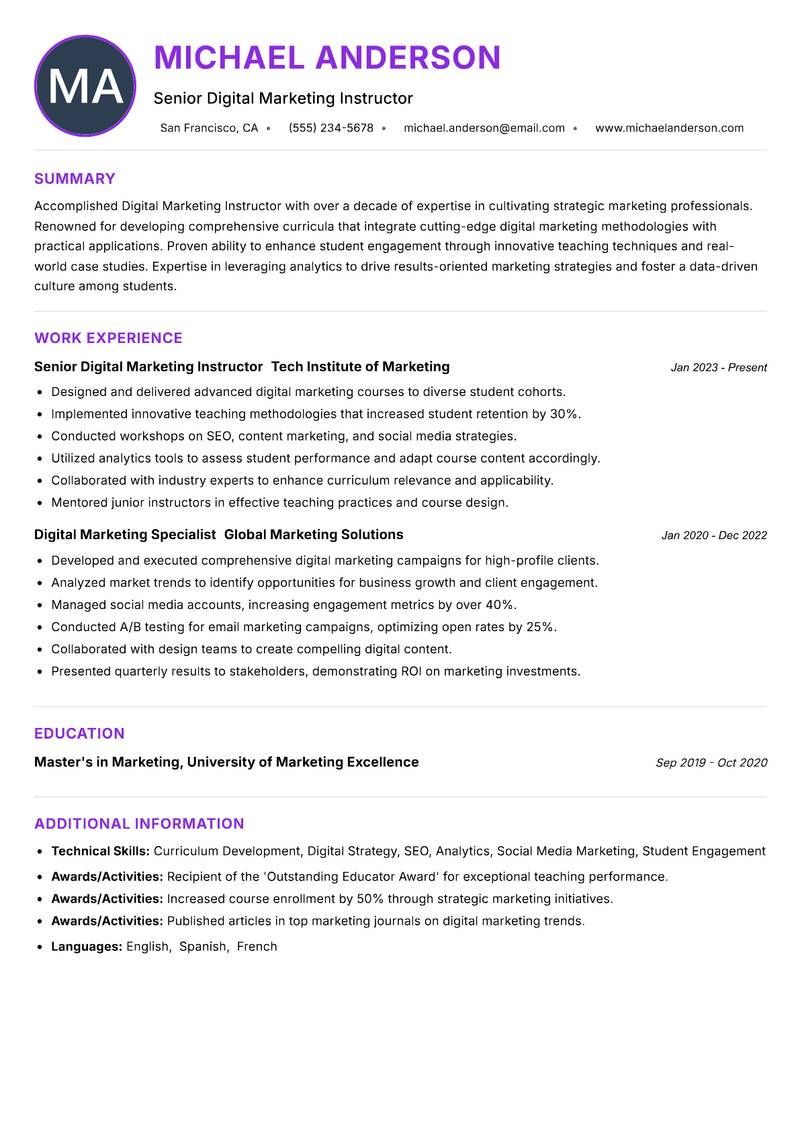 Digital Marketing Instructor Resume Preview Example