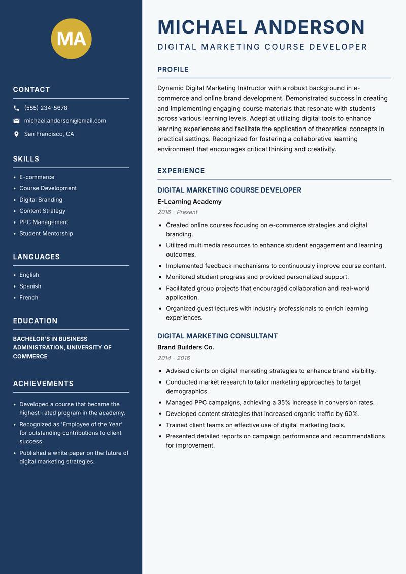 Digital Marketing Instructor Resume Preview Example