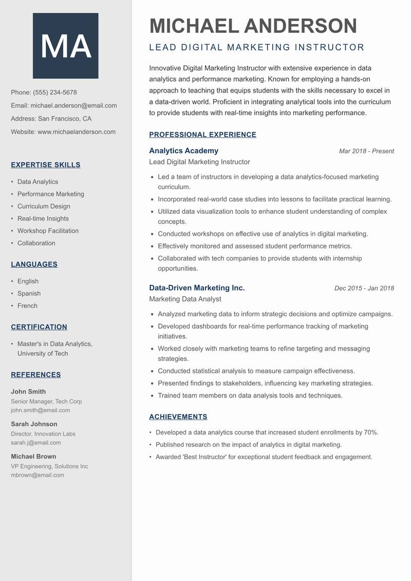 Digital Marketing Instructor Resume Preview Example