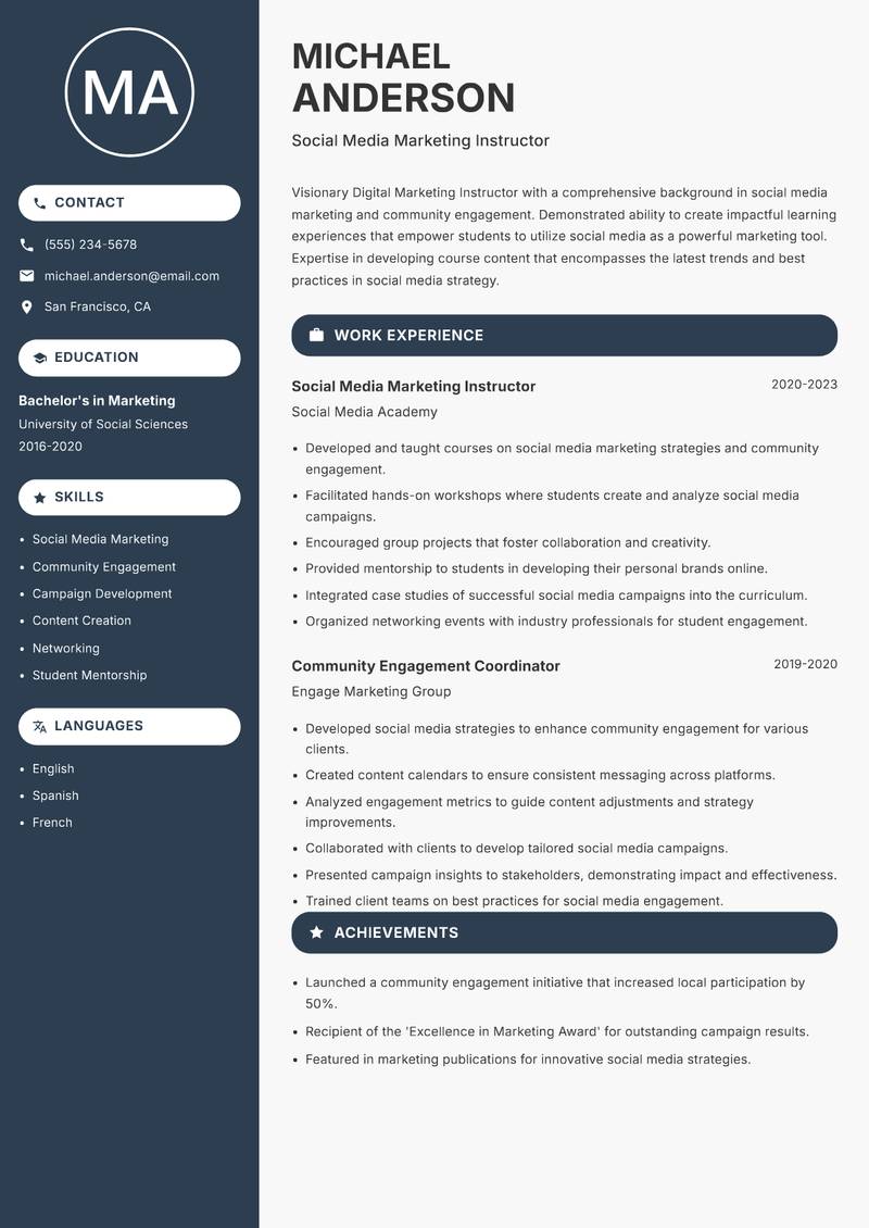 Digital Marketing Instructor Resume Preview Example
