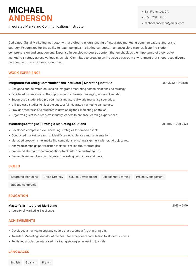 Digital Marketing Instructor Resume Template