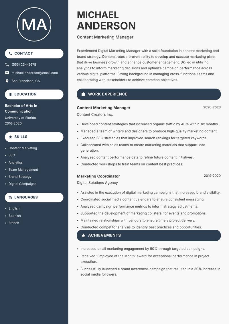 Digital Marketing Manager Resume Preview Example