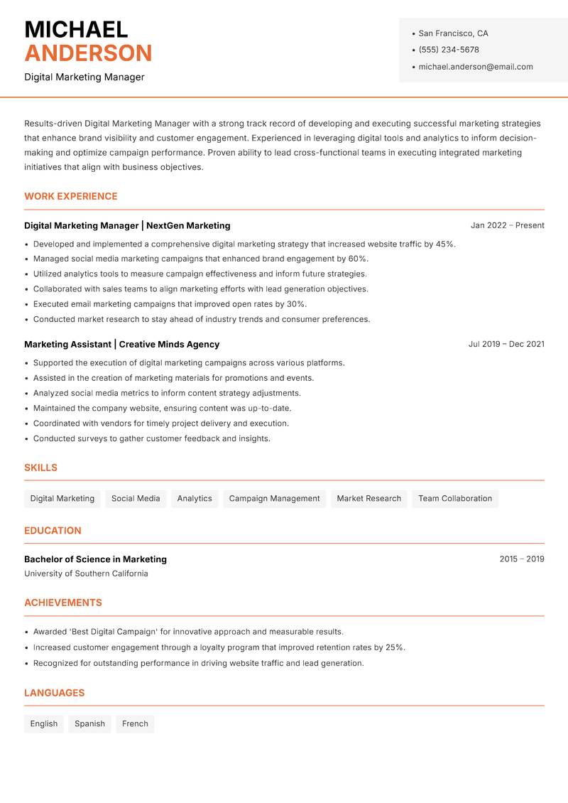 Digital Marketing Manager Resume Template