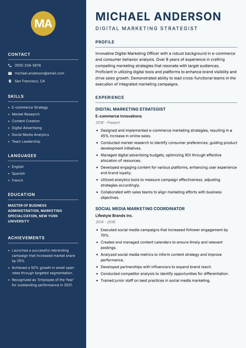 Digital Marketing Officer Resume Preview Example