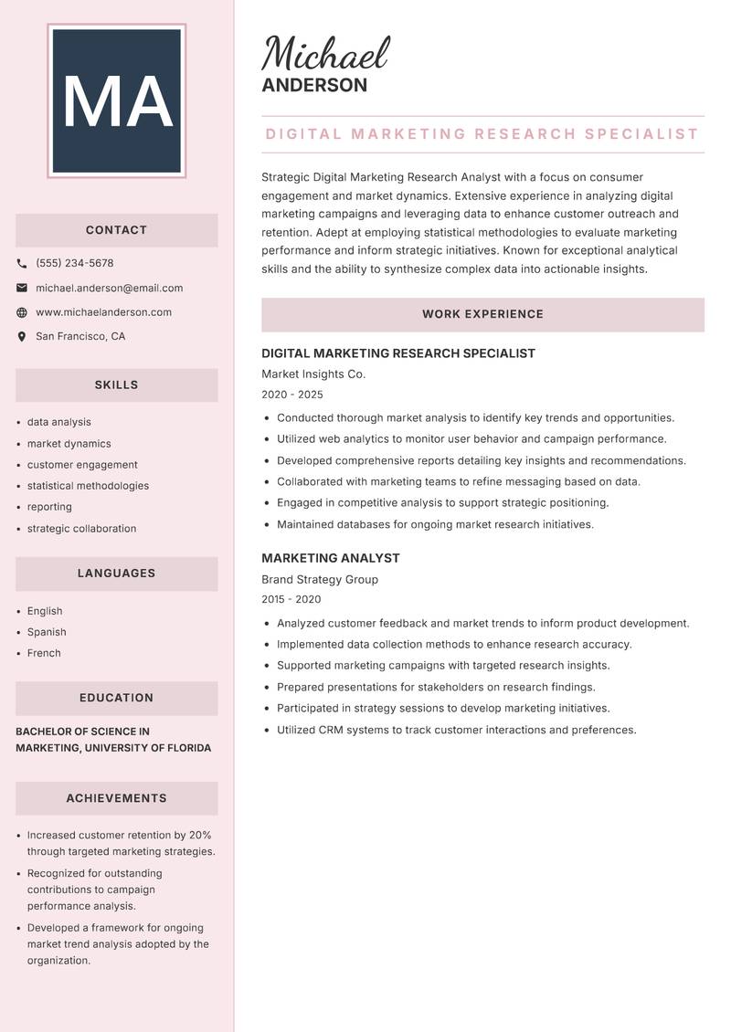 Digital Marketing Research Analyst Resume Preview Example