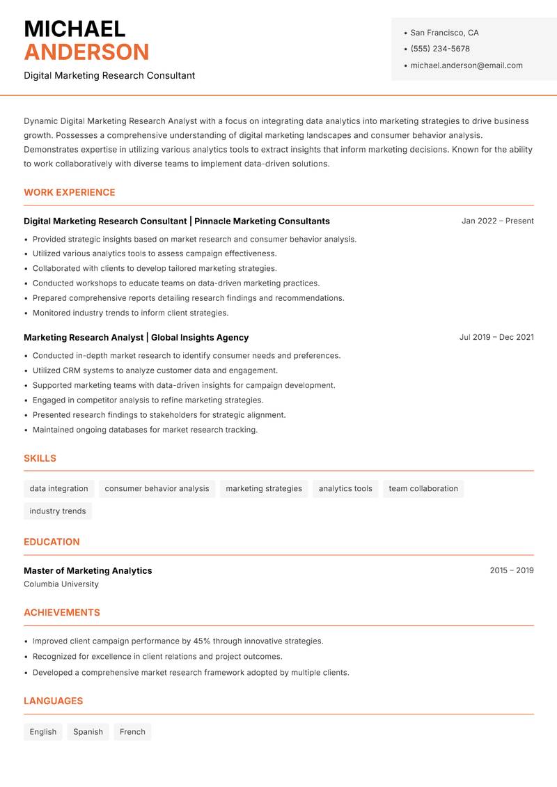 Digital Marketing Research Analyst Resume Template