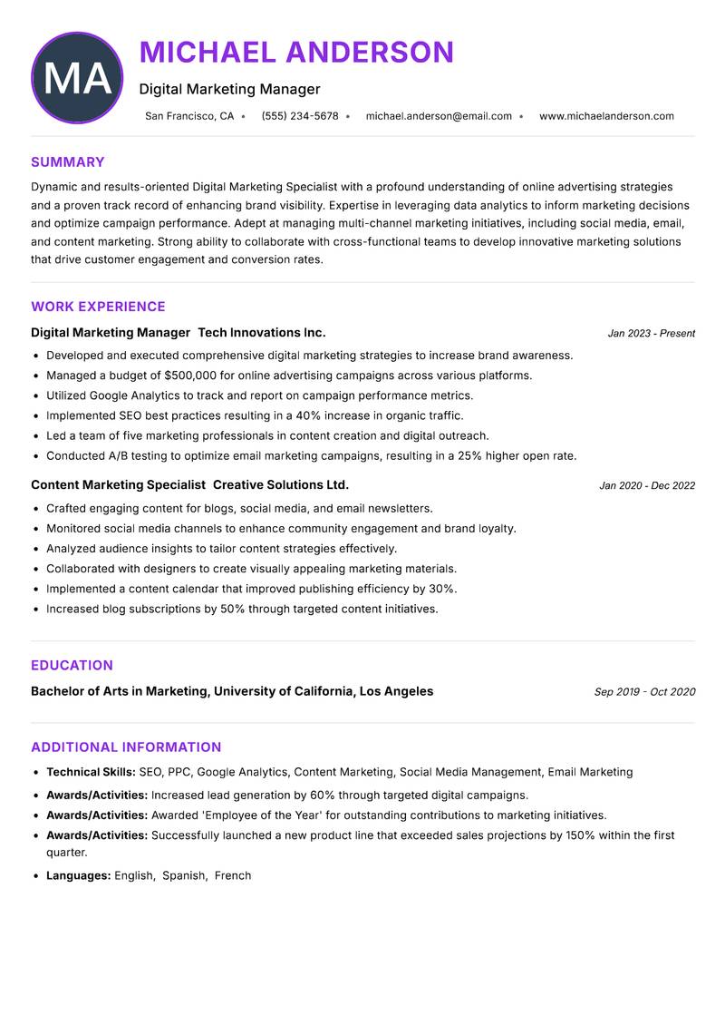 Digital Marketing Specialist Resume Preview Example