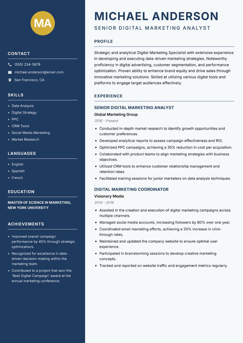Digital Marketing Specialist Resume Preview Example