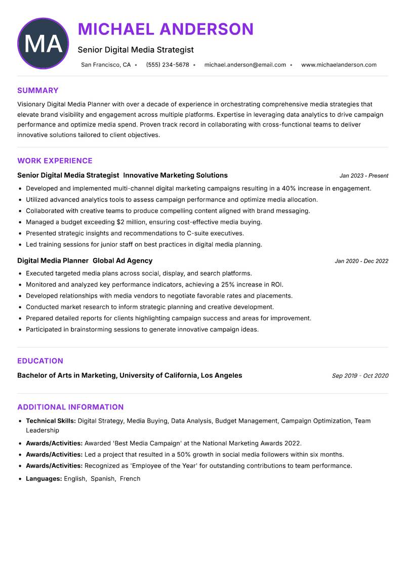 Digital Media Planner Resume Preview Example