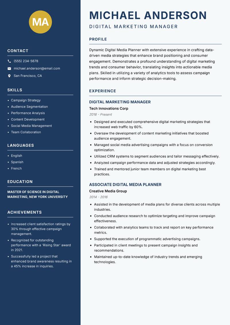 Digital Media Planner Resume Preview Example