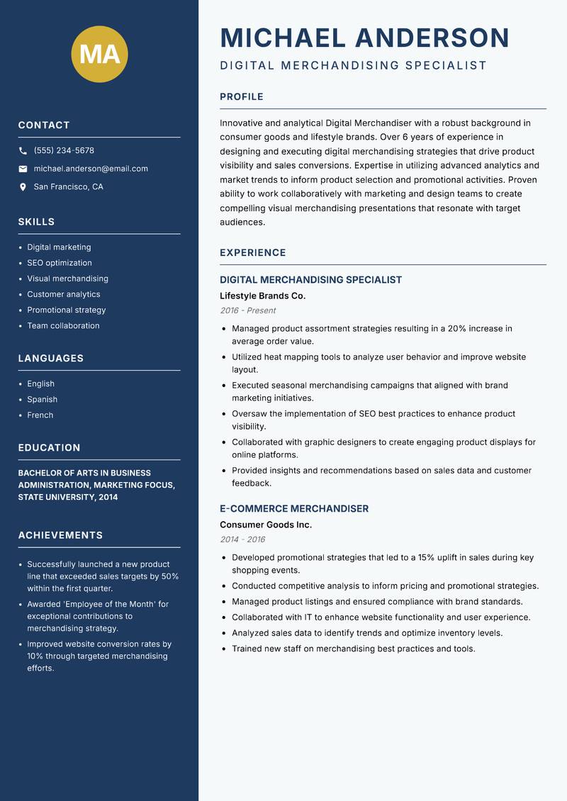 Digital Merchandiser Resume Preview Example