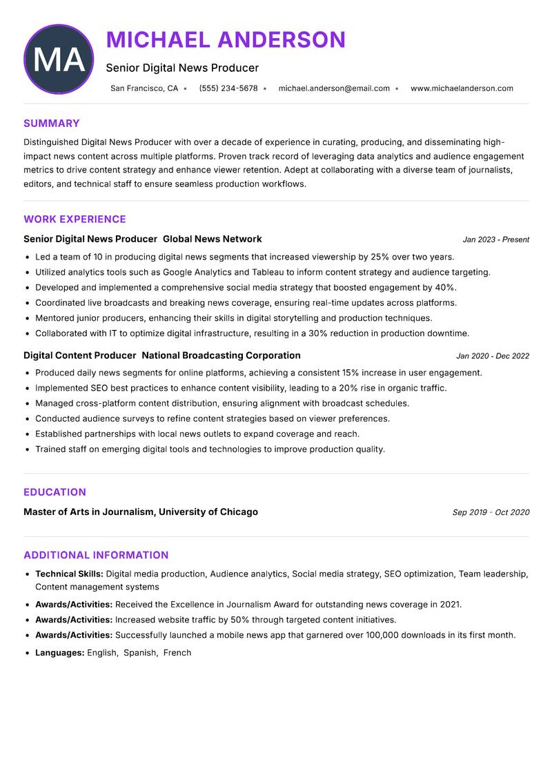 Digital News Producer Resume Preview Example