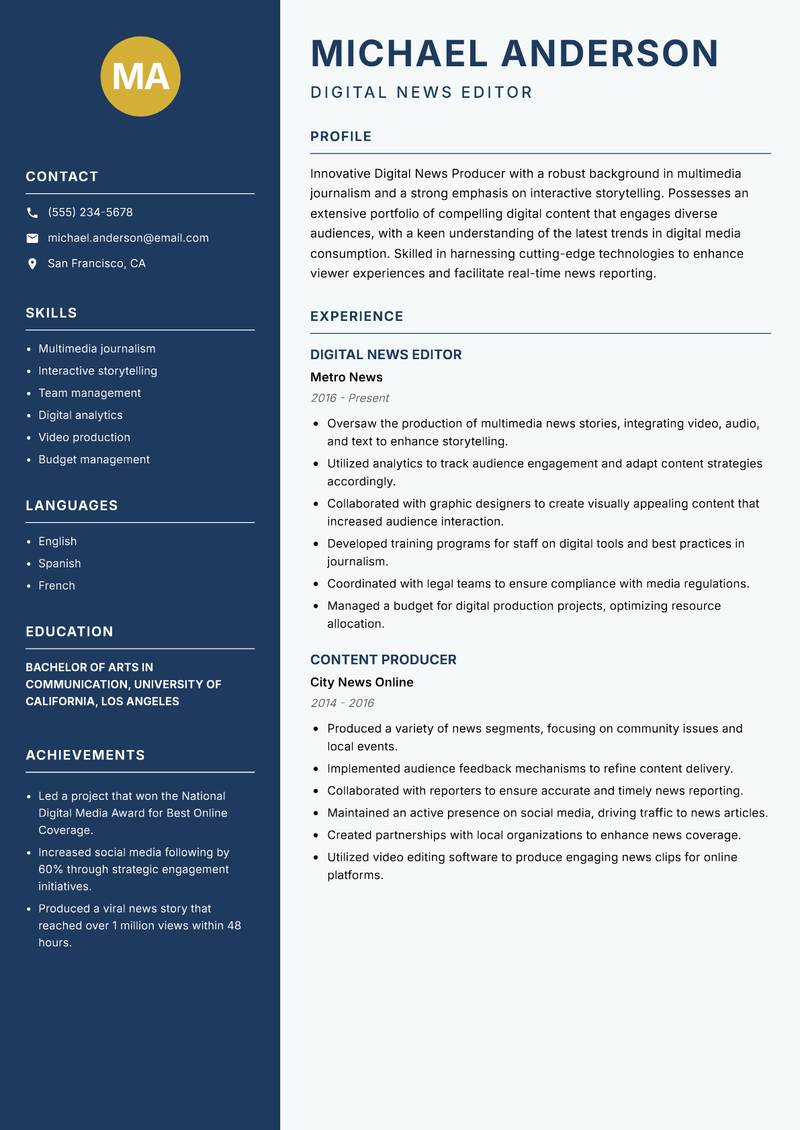 Digital News Producer Resume Preview Example