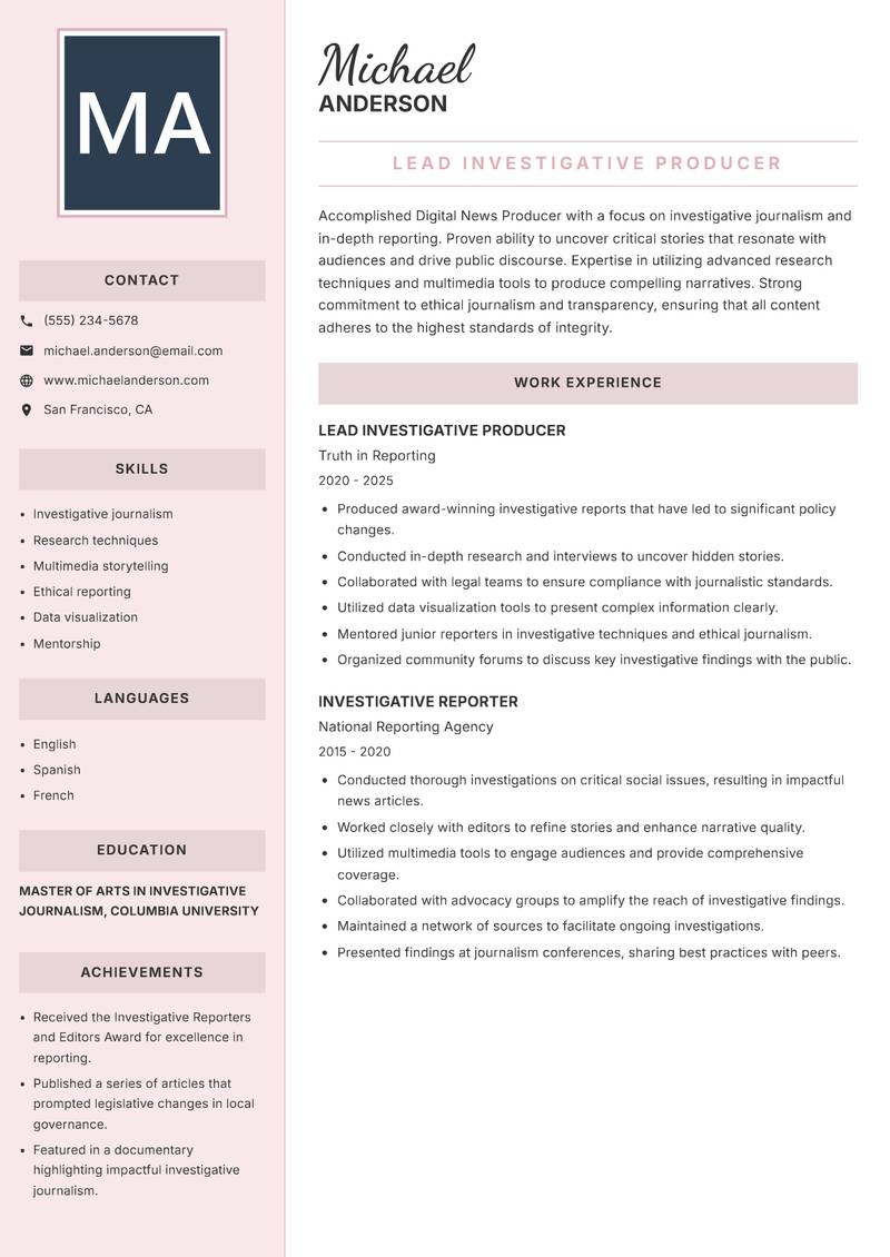 Digital News Producer Resume Preview Example