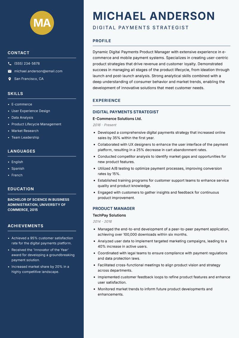 Digital Payments Product Manager Resume Preview Example